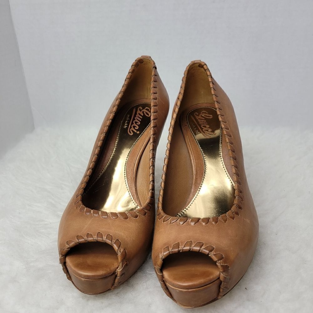 Gucci Brown Leather Whipstitch Trim Pumps Open Toe 264984 Heel Shoes Size 7 US - Picture 2 of 10